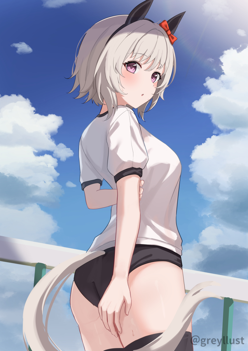 1girl, absurdres, animal_ears, ass, black_buruma, bow, breasts, buruma