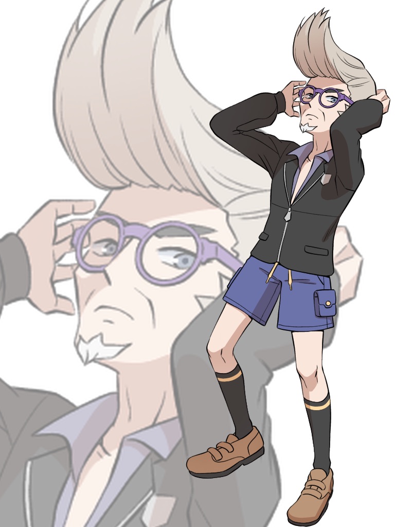1boy, black_jacket, black_socks, blue_shorts, clavell_(pokemon), clive_(pokemon), disguise, facial_hair