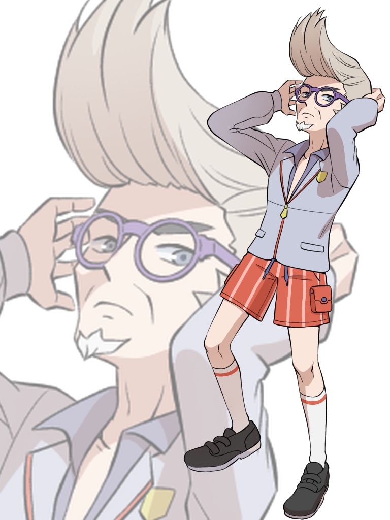 1boy, clavell_(pokemon), clive_(pokemon), disguise, facial_hair, glasses, goatee, grey_eyes
