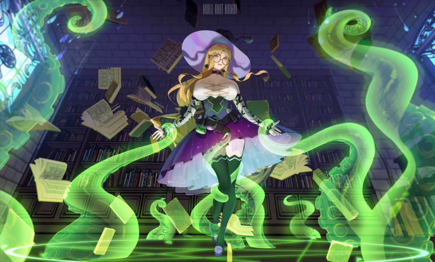 absurdres, belt, belt_buckle, blonde_hair, book, bookshelf, breasts, buckle, choker, cleavage, dress, earrings, fingerless_gloves, flower, glasses, gloves, hat, highres, jewelry, lace, lace_gloves, laced_up_shirt, large_breasts, long_hair, looking_at_viewer, magic, magic_circle, nail_polish, open_mouth, original, parted_bangs, personification, potion, purple_dress, restrained, roll_out_road, rose, ruby_cinderbrooke, frilled_dress, shoes, stained_glass, tarrant_(ruby_cinderbrooke), tentacles, test_tube, thighhighs, thighs, tiered_skirt, very_long_hair, virtual_youtuber, witch, witch_hat, zettai_ryouiki
