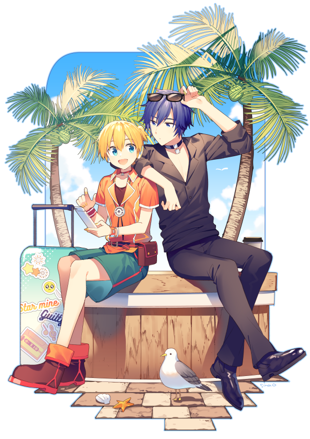 2boys, bird, black_footwear, black_pants, black_shirt, blonde_hair, blue_eyes, blue_hair