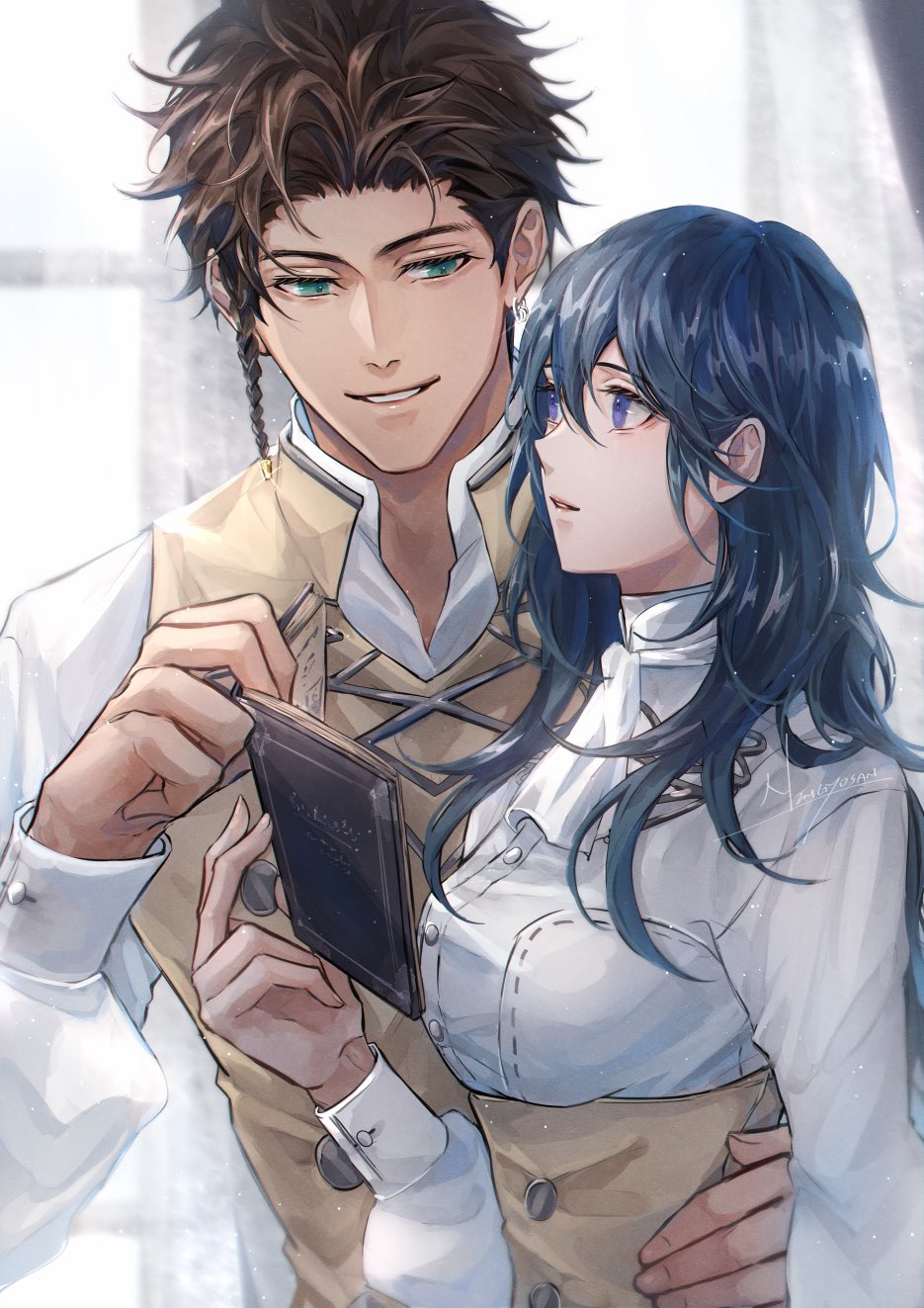 1boy, 1girl, arm_around_another's_back, artist_name, ascot, blue_eyes, blue_hair, book