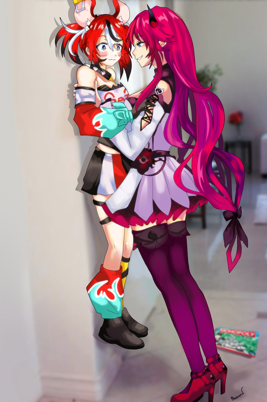 2girls, absurdres, animal_ears, black_hair, blue_eyes, blush, board_game, dress_flower, flower, hair_ornament, hakos_baelz, height_difference, highres, hololive, hololive_english, horns, irys_(hololive), irys_(irys_2.0)_(hololive), lauren_phillips_lifting_alice_merchesi_(meme), lifting_person, long_hair, looking_at_another, meme, miku_(mikururun), monopoly, mouse_ears, mouse_girl, mouse_tail, multicolored_hair, multiple_girls, pointy_ears, purple_hair, red_hair, streaked_hair, tail, thighhighs, twintails, very_long_hair, virtual_youtuber, white_hair, yuri