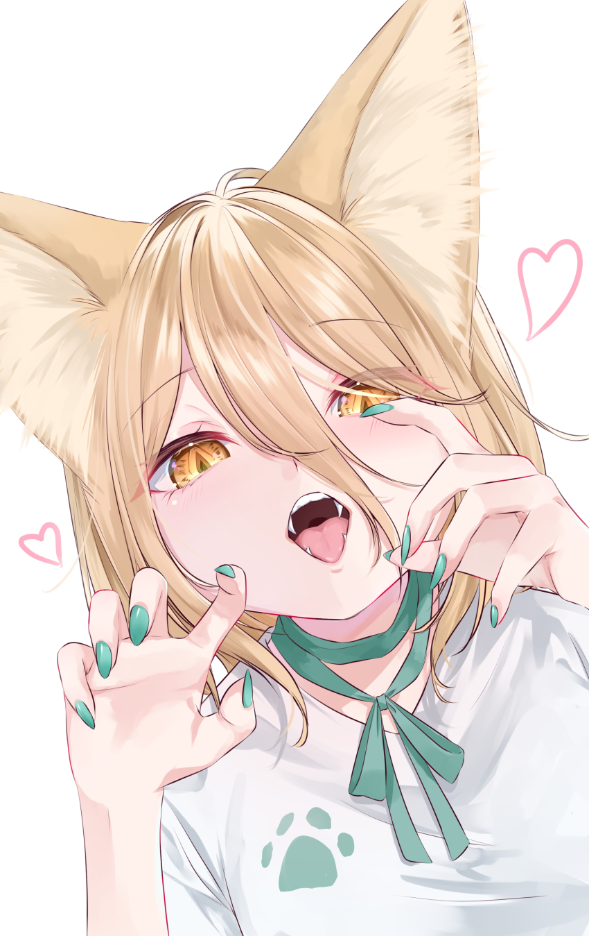 1girl, absurdres, animal_ear_fluff, animal_ears, aqua_nails, blonde_hair, eyes_visible_through_hair, fangs, fingernails, fox_ears, from_above, green_ribbon, hair_between_eyes, hands_up, heart, highres, kudamaki_tsukasa, long_fingernails, looking_at_viewer, mizore_arius, nail_polish, neck_ribbon, open_mouth, oral_invitation, paw_print, ribbon, simple_background, slit_pupils, teeth, tongue, touhou, upper_body, white_background, yellow_eyes