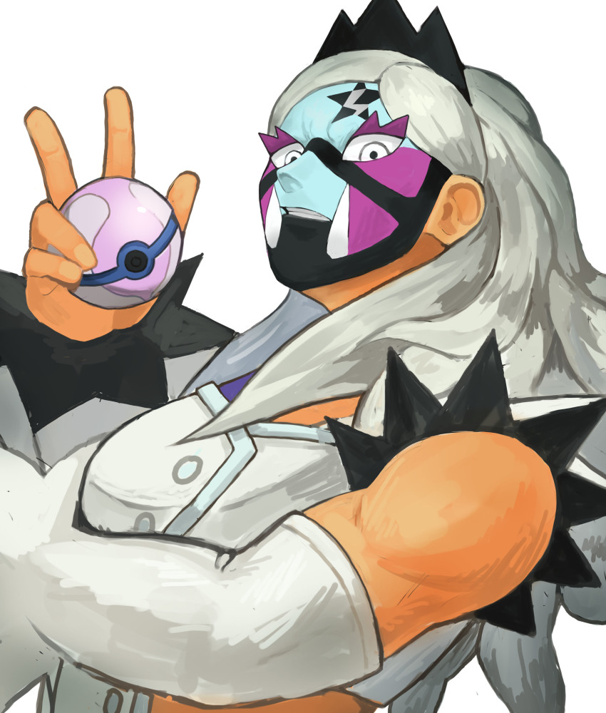 1girl, absurdres, akumesik, black_headwear, buttons, clothing_cutout, colored_eyelashes, detached_sleeves, eri_(pokemon), facepaint, grey_hair, hand_up, heal_ball, highres, holding, holding_poke_ball, long_hair, long_sleeves, looking_at_viewer, muscular, muscular_female, nintendo, no_eyebrows, poke_ball, pokemon, pokemon_scarlet_and_violet, side_cutout, simple_background, solo, star_(symbol), team_star, teeth, tiara, white_background, white_eyes, white_sleeves