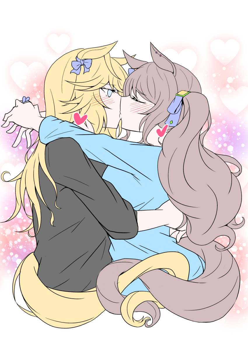 2girls, absurdres, aegis-san, animal_ears, arms_around_neck, asymmetrical_docking, black_shirt, blonde_hair, blue_shirt, blush, bow, breast_press, breasts, brown_hair, closed_mouth, cropped_torso, ear_bow, flat_color, gold_city_(umamusume), heart, highres, horse_ears, horse_girl, horse_tail, hug, kiss, long_hair, long_sleeves, looking_at_another, medium_breasts, multiple_girls, shirt, small_breasts, tail, tosen_jordan_(umamusume), twintails, umamusume, upper_body, yuri