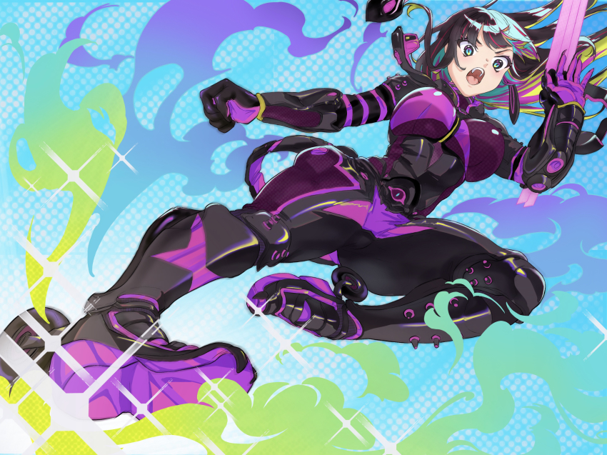 1girl, attack, black_hair, blue_eyes, bodysuit, boots, breasts, claw_(weapon)