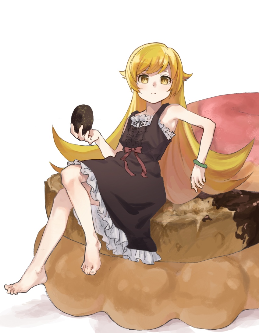 1girl, armpits, bare_shoulders, barefoot, black_bow, black_dress, black_ribbon, blonde_hair, bow, bracelet, child, commentary, donut, dress, dress_bow, feet, food, frilled_dress, frills, full_body, highres, holding, holding_food, jewelry, light_blush, light_frown, long_hair, looking_at_viewer, monogatari_(series), oshino_shinobu, oversized_food, oversized_object, red_bow, red_ribbon, ribbon, shadow, simple_background, sitting, sitting_on_food, sleeveless, sleeveless_dress, solo, swept_bangs, toenails, toes, tonabe, very_long_hair, white_background, yellow_eyes