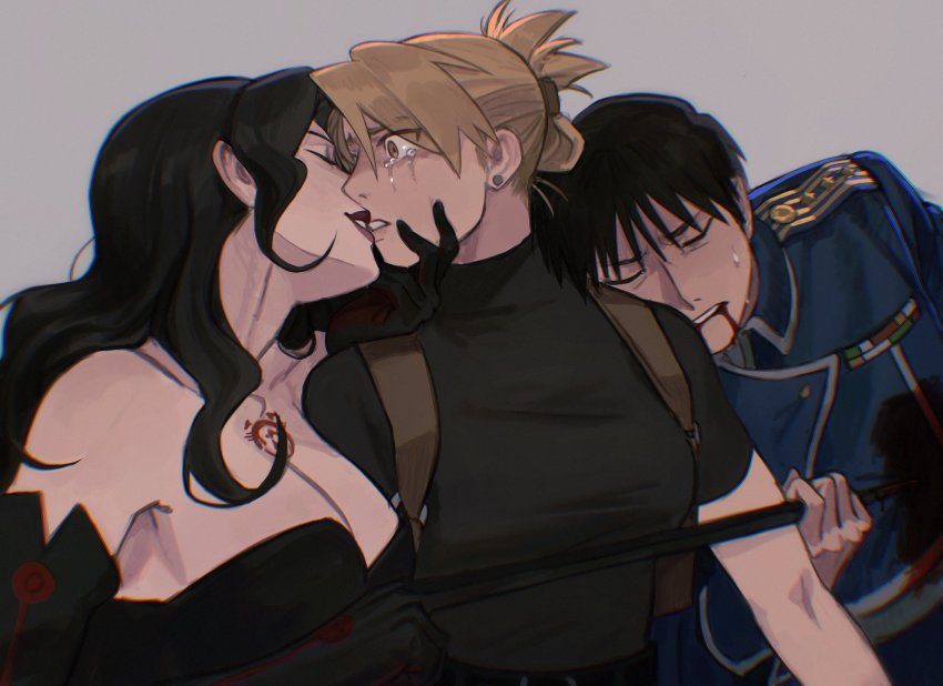 1boy, 2girls, amestris_military_uniform, bare_shoulders, black_dress, black_gloves, black_hair, black_shirt, blonde_hair, blood, blood_from_mouth, breasts, brown_eyes, chest_tattoo, cleavage, closed_eyes, crying, crying_with_eyes_open, dress, earrings, elbow_gloves, fullmetal_alchemist, gloves, highres, homunculus, injury, jewelry, kiss, large_breasts, lipstick, long_hair, lust_(fma), makeup, military, military_uniform, multiple_girls, ouroboros, photo-referenced, ponytail, riza_hawkeye, roy_mustang, shirt, short_hair, tattoo, tears, theo_(tomochingus), turtleneck, wavy_hair, yuri