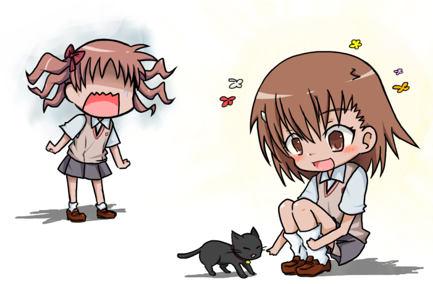 2girls, bad_id, bad_pixiv_id, brown_eyes, brown_hair, cat, chibi, female_focus