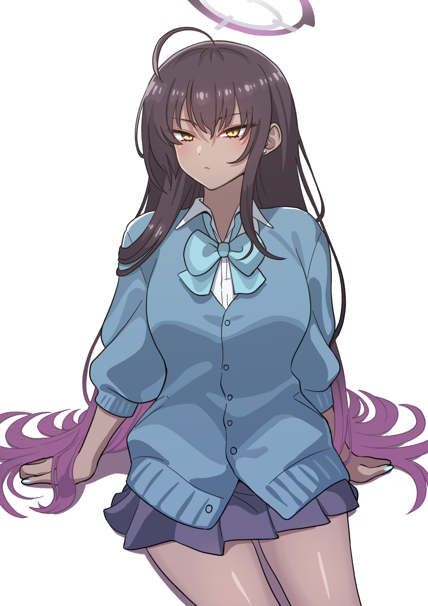 1girl, absurdres, ahoge, alternate_costume, arm_support, black_hair, black_skirt, blue_archive