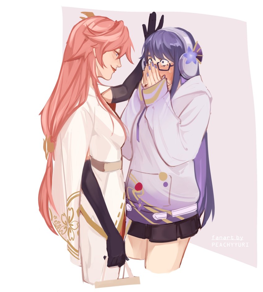 2girls, absurdres, artist_name, black_gloves, blush, cropped_legs, elbow_gloves, genshin_impact, glasses, gloves, headphones, highres, hood, hoodie, jacket, kabedon, lipstick, long_hair, makeup, multiple_girls, peachyyuri, pink_hair, purple_hair, purple_hoodie, raiden_shogun, raiden_shogun_(2nd_anniversary), sweat, watermark, white_jacket, yae_miko, yae_miko_(2nd_anniversary), yuri