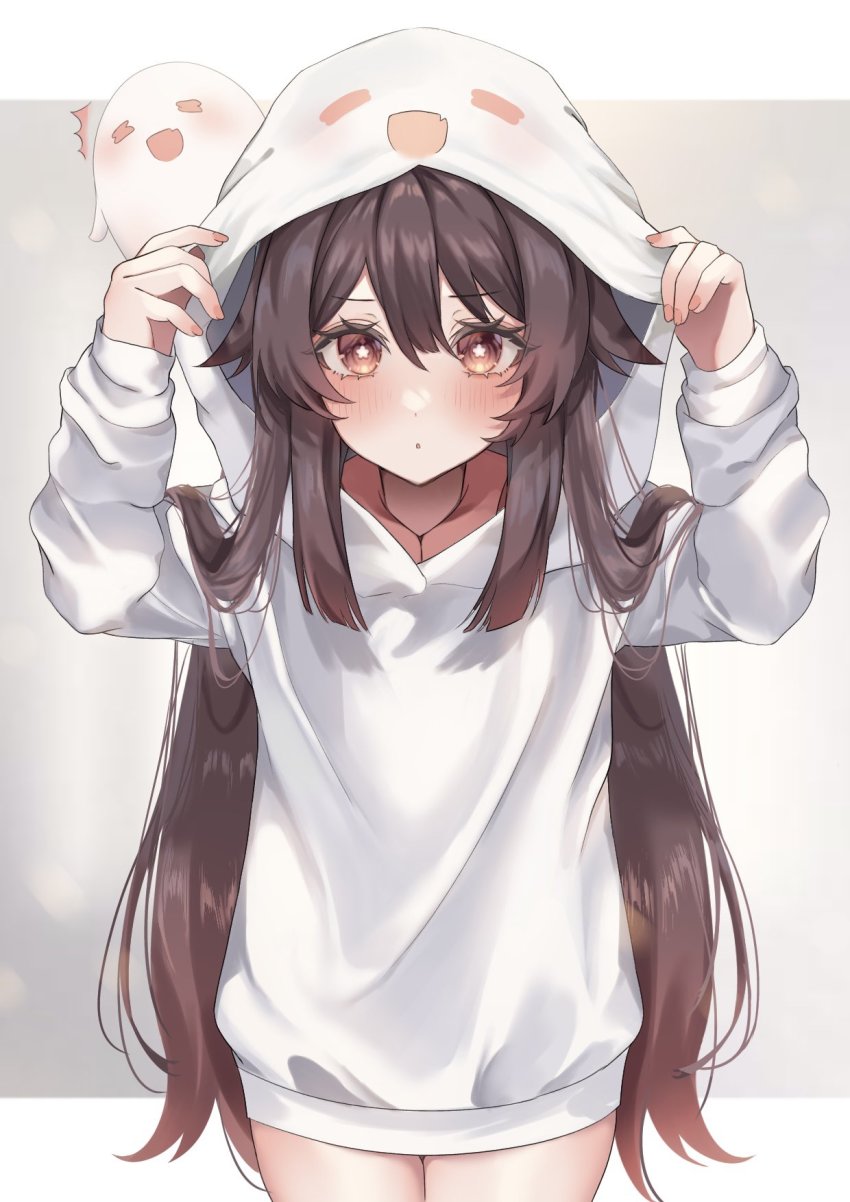 1girl, :o, alternate_costume, arms_up, blush, boo_tao_(genshin_impact), brown_hair, colored_tips, cowboy_shot, flower-shaped_pupils, genshin_impact, ghost, gradient_hair, grey_background, hair_between_eyes, hair_flaps, highres, hood, hood_up, hoodie, hu_tao_(genshin_impact), letterboxed, long_hair, long_sleeves, looking_at_viewer, multicolored_hair, parted_lips, red_eyes, rim_(ririm711), sidelocks, simple_background, solo, symbol-shaped_pupils, thighs, twintails, very_long_hair, white_hoodie