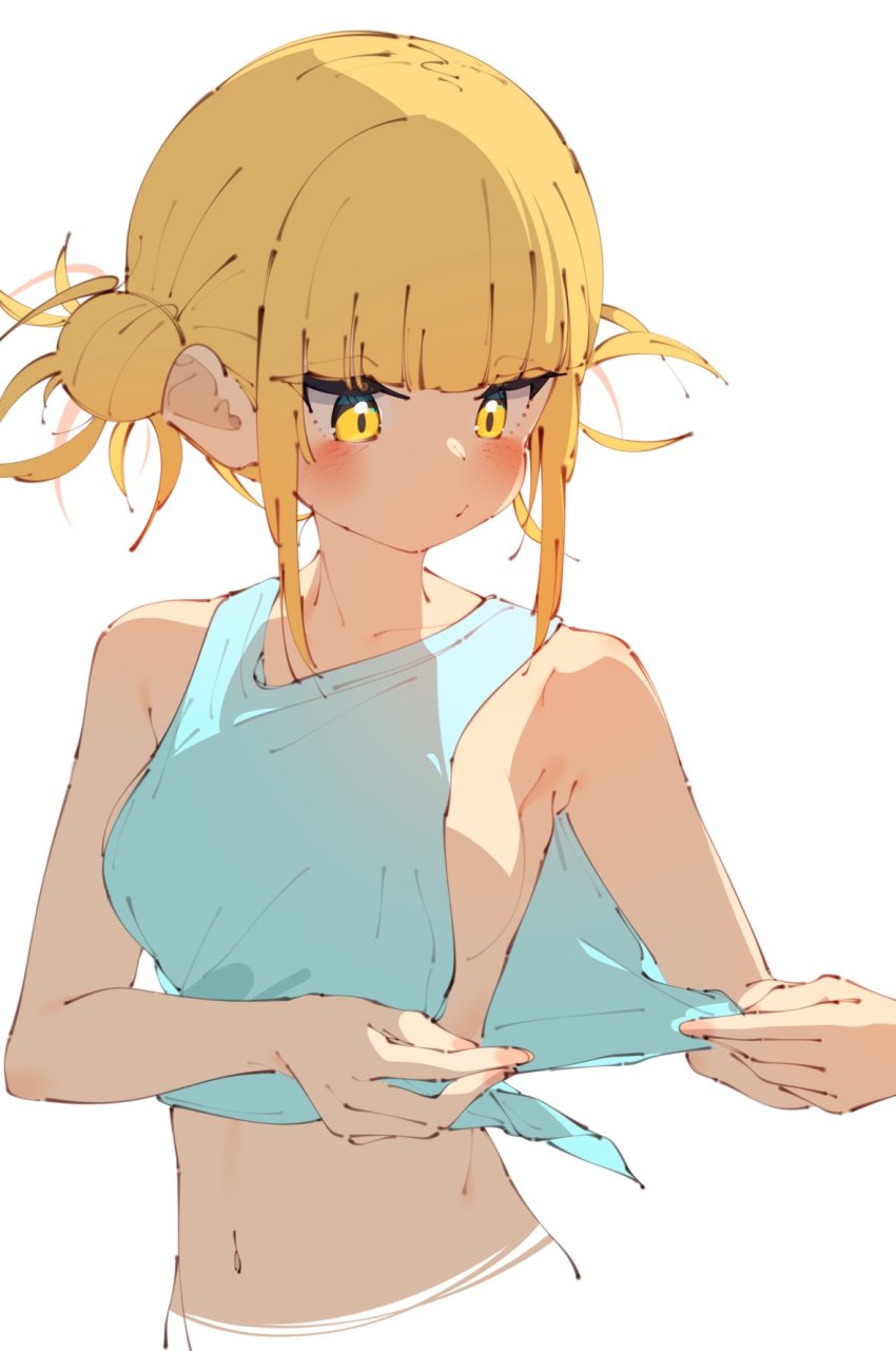1girl, adjusting_shirt, armpits, bare_shoulders, blonde_hair, blue_shirt, blunt_bangs, blush