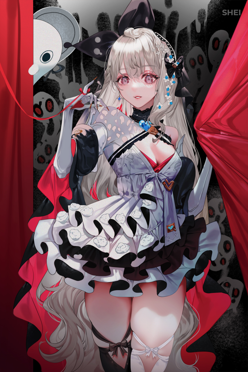 1girl, 1other, absurdly_long_hair, absurdres, ahoge, asymmetrical_legwear, black_eyeshadow, black_thighhighs