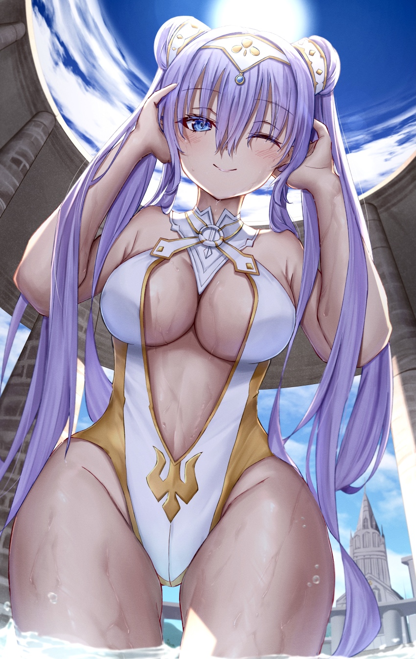 1girl, absurdres, bare_shoulders, bathing, blue_eyes, blue_sky, blush, breasts, britomart_(fate), britomart_(final_ascension)_(fate), center_opening, cleavage, double_bun, fate/grand_order, fate_(series), gold_one-piece_swimsuit, gold_trim, grey_hair, hair_bun, hairband, highleg, highleg_one-piece_swimsuit, highres, large_breasts, long_hair, looking_at_viewer, o-ring, one-piece_swimsuit, one_eye_closed, pointy_ears, sky, smile, solo, swimsuit, taut_clothes, taut_swimsuit, thighs, toukan, twintails, two-tone_swimsuit, very_long_hair, wading, wet, white_one-piece_swimsuit