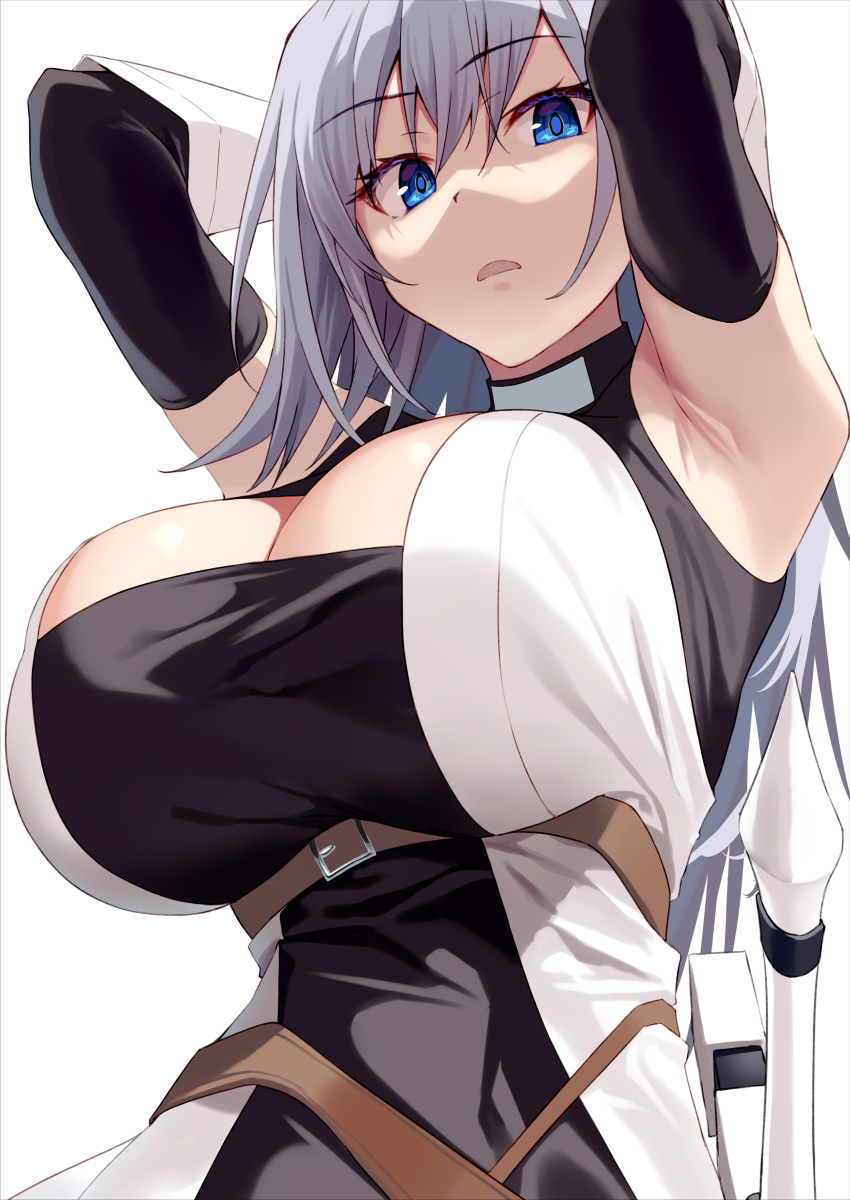 1girl, absurdres, armpits, arms_behind_head, arms_up, bare_shoulders, belt, black_dress, black_gloves, black_thighhighs, blue_eyes, blush, breasts, cleavage, dress, elbow_gloves, elsa_(s-rank_boukensha), gloves, grey_hair, highres, large_breasts, long_hair, looking_at_viewer, open_mouth, s-rank_boukensha_de_aru_ore_no_musume_tachi_wa_juudo_no_fathercon_deshita, shaded_face, solo, sword, syunichi, thighhighs, two-tone_dress, weapon, white_dress