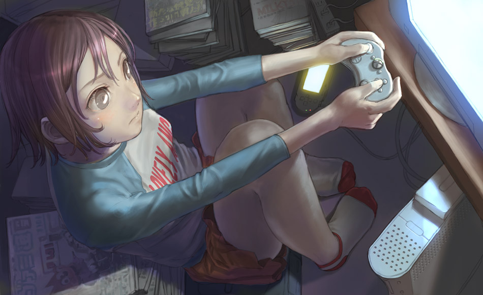 1girl, bob_cut, brown_eyes, brown_hair, female_focus, game_console, handheld_game_console, nao, nao_(artist), playing_games, playing_video_games, playstation_portable, raglan_sleeves, short_hair, shorts, socks, solo, video_game, xbox360, xbox_360