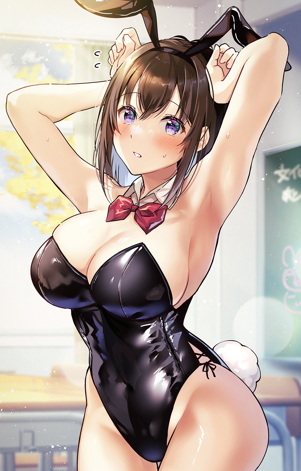 1girl, animal_ears, arms_behind_head, bare_legs, black_leotard, bow, bowtie, breasts, brown_hair, chalkboard, classroom, day, desk, detached_collar, fake_animal_ears, hawawa-chan_(sirokuma_shake), highleg, highleg_leotard, highres, indoors, large_breasts, leotard, original, playboy_bunny, purple_eyes, rabbit_ears, rabbit_tail, school_desk, short_hair, sirokuma_shake, solo, strapless, strapless_leotard, tail, traditional_bowtie, wrist_cuffs