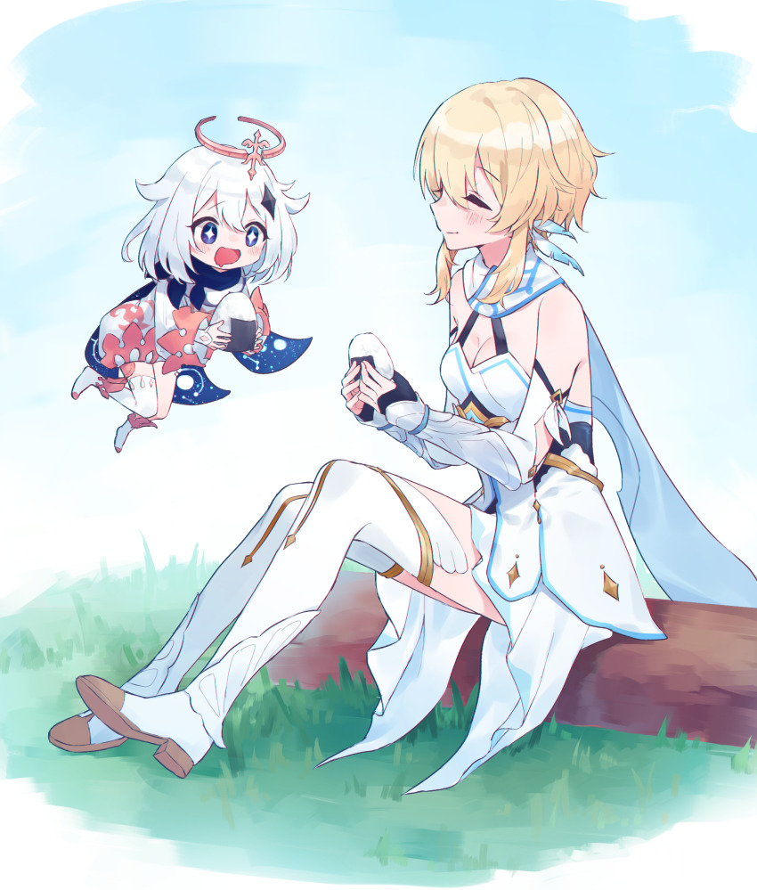 2girls, argyle_clothes, diamond_cutout, asymmetrical_legwear, bare_shoulders, blonde_hair, boots, breasts