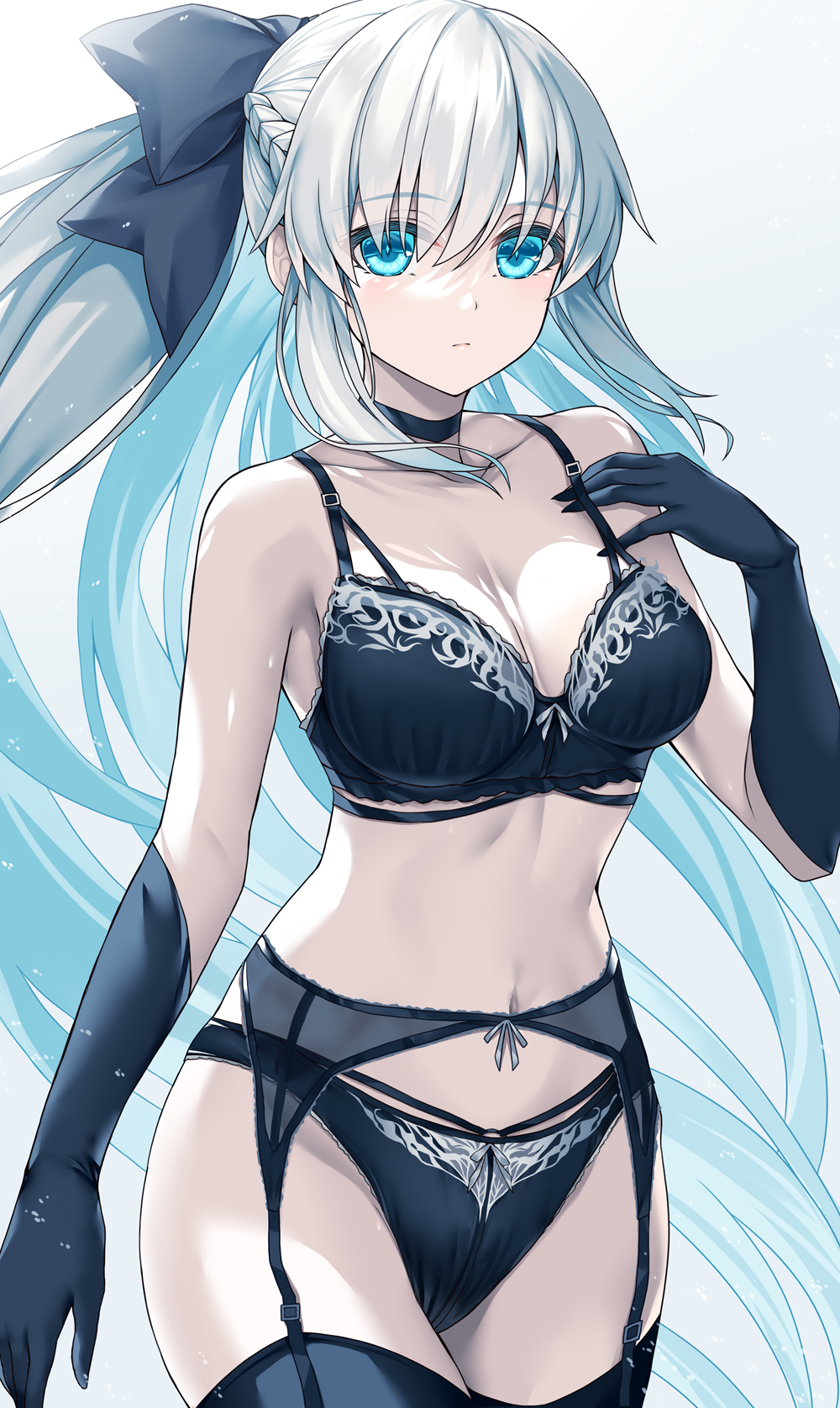 1girl, black_bow, black_bra, black_panties, black_thighhighs, blue_eyes, bow, bra, braid, breasts, cleavage, fate/grand_order, fate_(series), garter_belt, gloves, hair_between_eyes, half_up_braid, highres, large_breasts, long_hair, looking_at_viewer, morgan_le_fay_(fate), morizono_shiki, navel, panties, ponytail, simple_background, thighhighs, underwear, underwear_only, white_hair