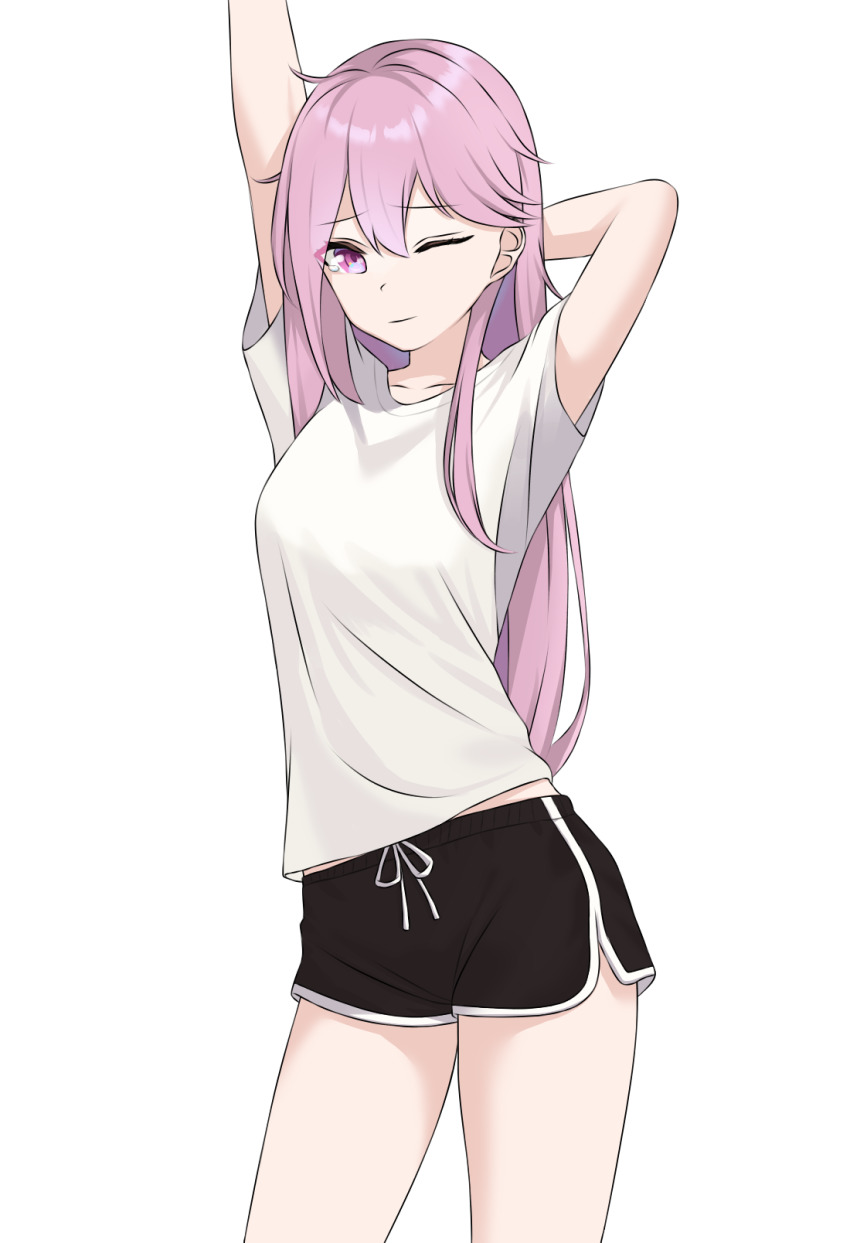 1girl, ahoge, arm_behind_head, arms_up, bare_legs, black_shorts, breasts, casual