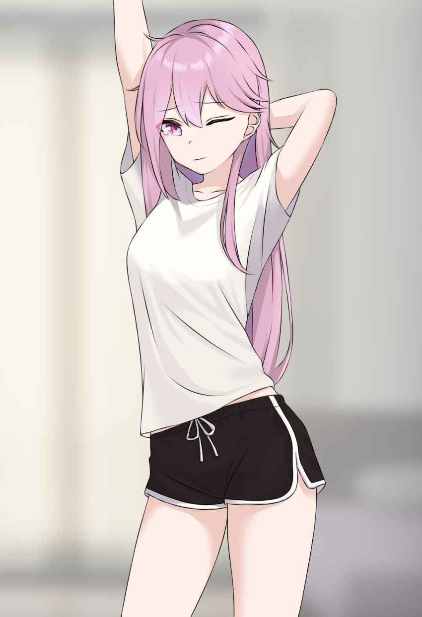 1girl, ahoge, arm_behind_head, arms_up, bare_legs, black_shorts, breasts, casual, closed_mouth, collarbone, cowboy_shot, hair_between_eyes, highres, ichino_nabana, long_hair, looking_at_viewer, loose_clothes, maha5, maha5japan, medium_breasts, midriff_peek, multicolored_hair, myrica_(ascasestina), one_eye_closed, pink_eyes, pink_hair, shirt, short_shorts, short_sleeves, shorts, simple_background, solo, standing, streaked_hair, stretching, t-shirt, thighs, virtual_youtuber, waking_up, white_background, white_shirt