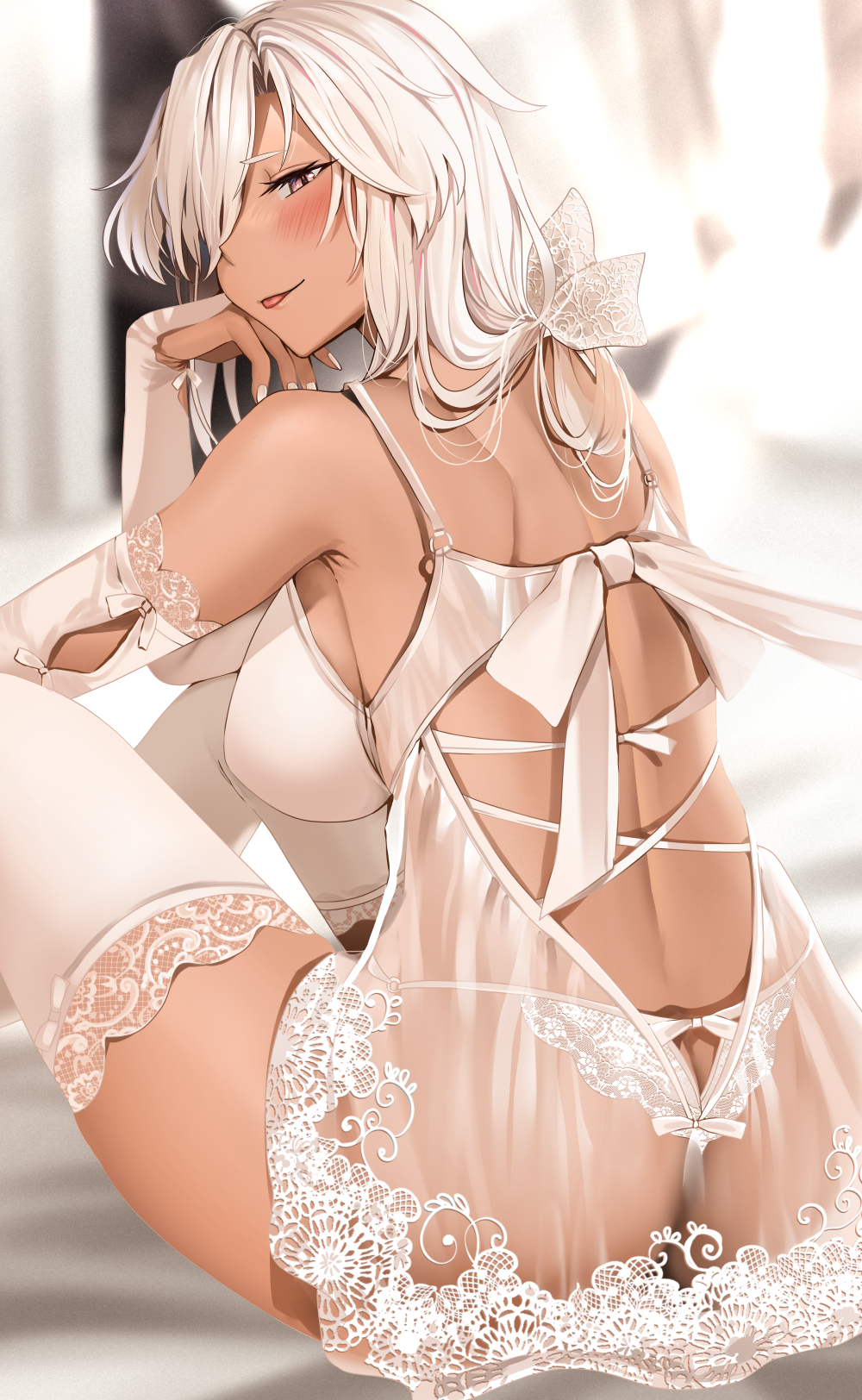 1girl, :p, ass, blurry, blurry_background, bra, breasts, bridal_gauntlets