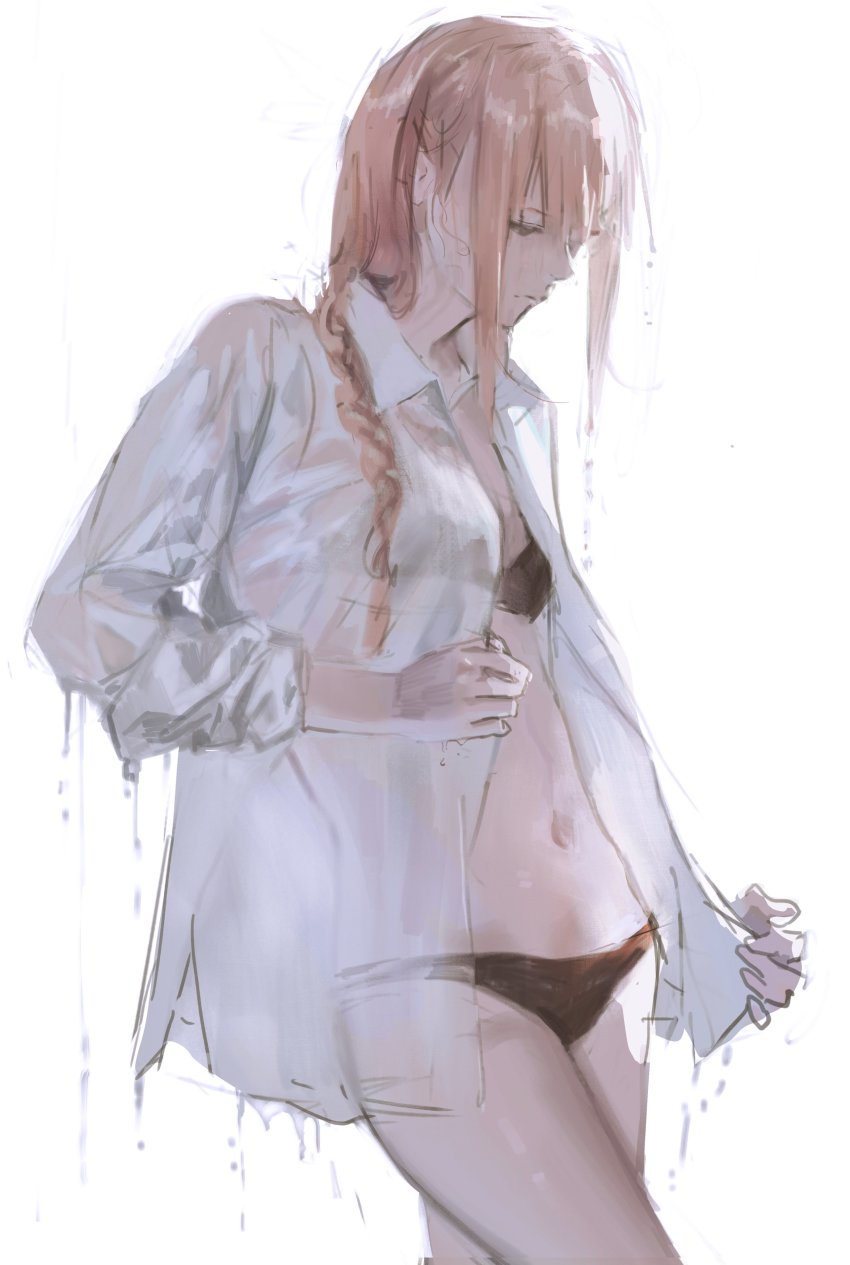 1girl, absurdres, black_panties, braid, braided_ponytail, breasts, chainsaw_man, collared_shirt