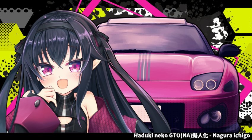 1girl, black_hair, black_hairband, black_jacket, blush, breasts, breasts_apart, car