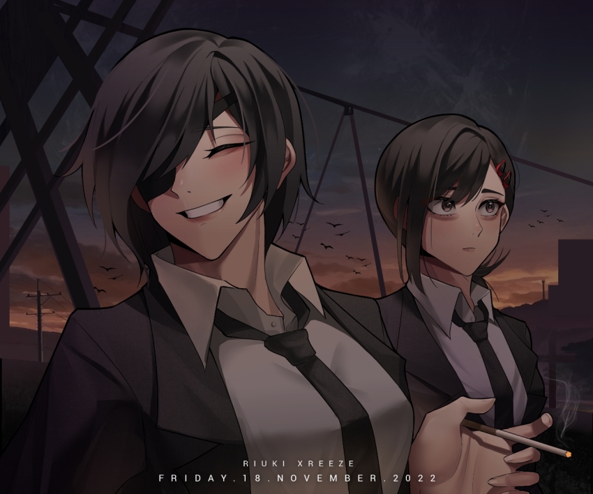 2girls, bird, black_hair, black_necktie, chainsaw_man, cigarette, closed_eyes, closed_mouth, collared_shirt, eyepatch, formal_clothes, hair_ornament, hair_over_one_eye, hairpin, higashiyama_kobeni, himeno_(chainsaw_man), holding, holding_cigarette, long_sleeves, multiple_girls, necktie, outdoors, riukixz, shirt, short_hair, smile, smoke, standing, suit, white_shirt