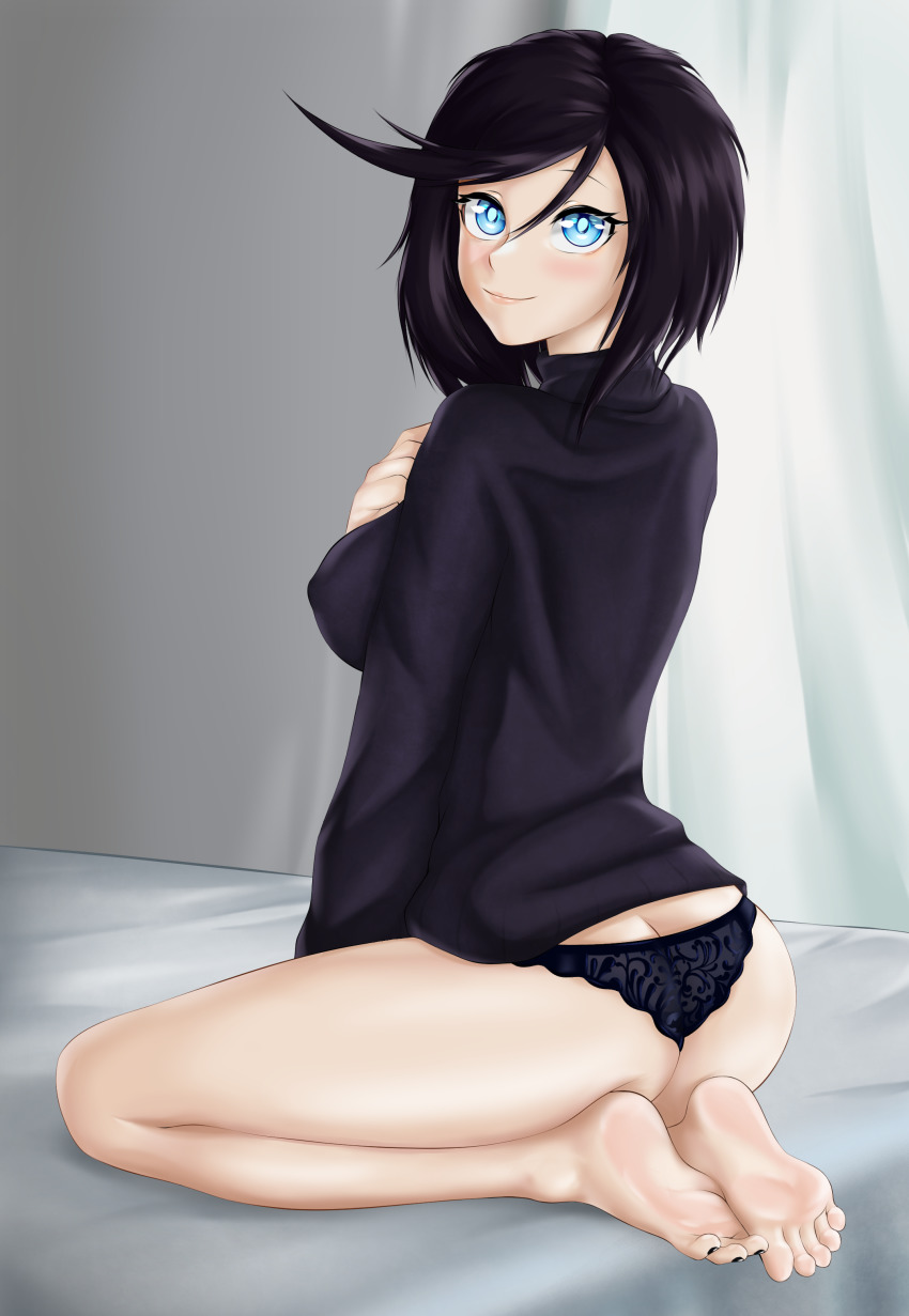 absurdres, ass, barefoot, bed_sheet, black_hair, black_nails, black_panties, black_sweater