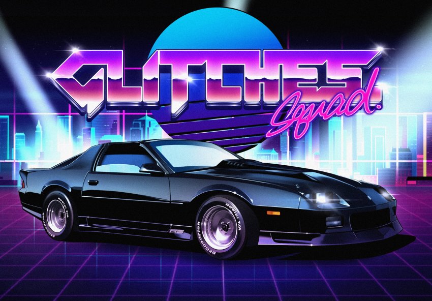 absurdres, car, chevrolet, chevrolet_camaro, english_text, from_side, glowing, highres, motor_vehicle, no_humans, original, sh1m4o, solo, vaporwave, vehicle_focus, vehicle_request, wheel