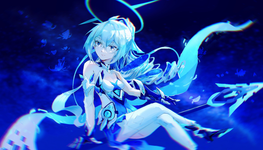 1girl, armor, armored_dress, bikini_armor, blue_armor, blue_hair, breasts, bronya_zaychik, bronya_zaychik_(herrscher_of_truth), dress, gloves, grey_hair, highres, holding, holding_polearm, holding_weapon, honkai_(series), honkai_impact_3rd, light_smile, mrruaaa, pale_skin, polearm, ponytail, small_breasts, spear, weapon