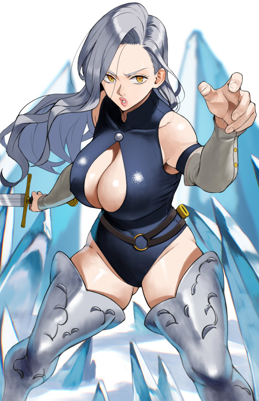 1girl, armored_boots, bare_shoulders, belt, blue_hair, blue_leotard, blurry, boots, breasts, cleavage, depth_of_field, detached_sleeves, gluteal_fold, highres, jericho_(nanatsu_no_taizai), large_breasts, leotard, light_blue_hair, lips, long_hair, mokushiroku_no_yonkishi, nanatsu_no_taizai, parted_lips, scabbard, sheath, simple_background, skin_tight, solo, stray_hair, sword, thigh_boots, weapon, yellow_eyes, yoshio_(55level)