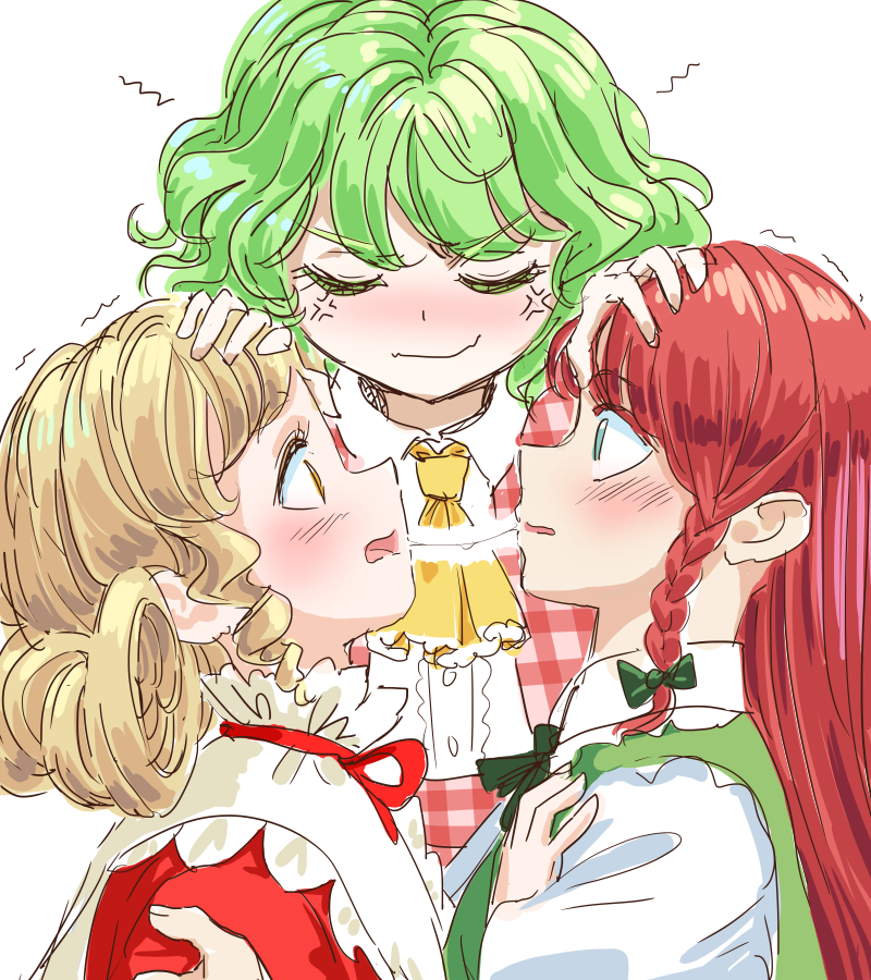 3girls, anger_vein, blush, elly_(touhou), hong_meiling, kazami_yuuka, kiss, multiple_girls, s-a-murai, saliva, saliva_trail, tagme, touhou, white_background, yuri