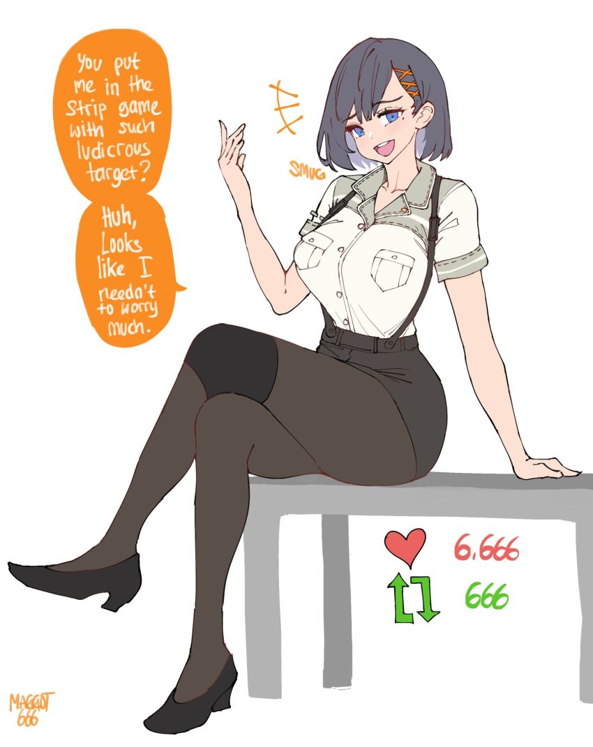 +++, 1girl, :d, bench, black_shoes, blue_eyes, bob_cut, breasts