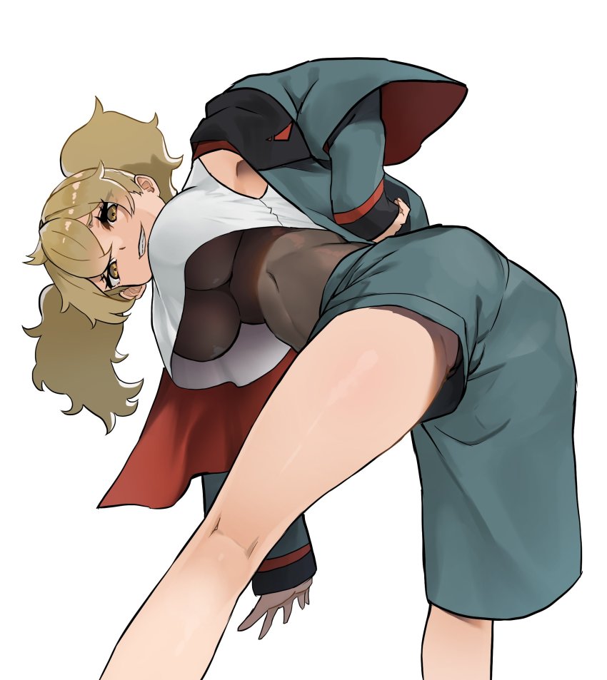 1girl, absurdres, asticassia_school_uniform, asymmetrical_clothes, bodysuit, breasts, covered_navel, from_behind, grin, gundam, gundam_suisei_no_majo, highres, jacket, jacket_partially_removed, kurozukin_(th_krz_890), large_breasts, leaning_forward, light_brown_hair, looking_at_viewer, looking_back, off_shoulder, renee_costa, school_uniform, short_twintails, shorts, simple_background, smile, solo, twintails, underboob, white_background