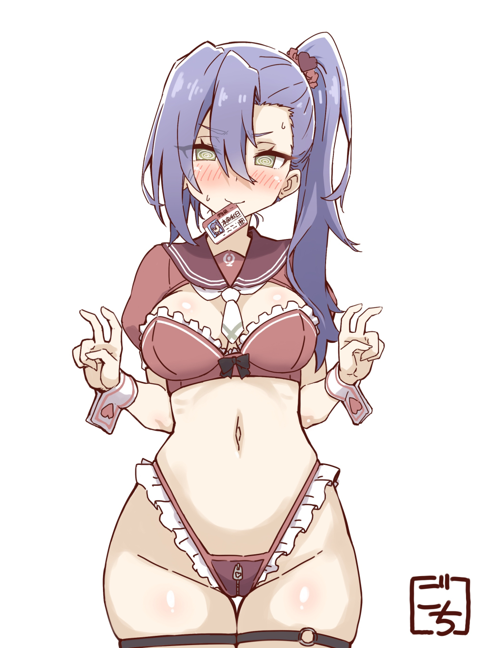 1girl, @_@, adapted_costume, assault_lily, asymmetrical_bangs, bent_v, between_breasts, black_bow, blush, bow, bow_bra, bra, breasts, breasts_apart, brown_sailor_collar, closed_mouth, commentary_request, cowboy_shot, double_v, embarrassed, frilled_bra, frilled_panties, frills, gochisousama_(tanin050), groin, hair_between_eyes, hair_ornament, hair_scrunchie, hands_up, heart, heart_hair_ornament, high_side_ponytail, highleg, highleg_panties, highres, honma_akehi, id_card, kanba_girls_high_school_uniform, long_hair, looking_at_viewer, medium_breasts, mouth_hold, necktie, necktie_between_breasts, nose_blush, o-ring, o-ring_strap, o-ring_thigh_strap, panties, puffy_short_sleeves, puffy_sleeves, purple_hair, red_bra, red_panties, red_scrunchie, sailor_collar, school_uniform, scrunchie, short_necktie, short_sleeves, shrug_(clothing), side_ponytail, simple_background, solo, standing, stomach, strapless, strapless_bra, string_panties, sweat, thigh_gap, thigh_strap, underwear, v, v-shaped_eyebrows, white_background, white_necktie, wrist_cuffs, yellow_eyes, zipper, zipper_panties, zipper_pull_tab