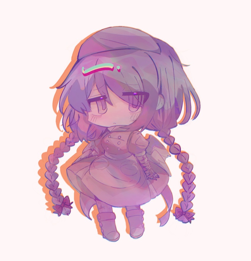 1girl, apron, bandaged_arm, bandages, bandaid, bandaid_on_arm, boots, braid, breasts, chibi, chromatic_aberration, closed_mouth, dress, frown, funamusea, hat, highres, kayukiop, linaria_purpurea, long_hair, medium_breasts, multiple_wings, no_nose, nurse, nurse_cap, pink_dress, puffy_short_sleeves, puffy_sleeves, purple_eyes, purple_hair, purple_pupils, short_sleeves, simple_background, solo, twin_braids, waist_apron, white_background, wings