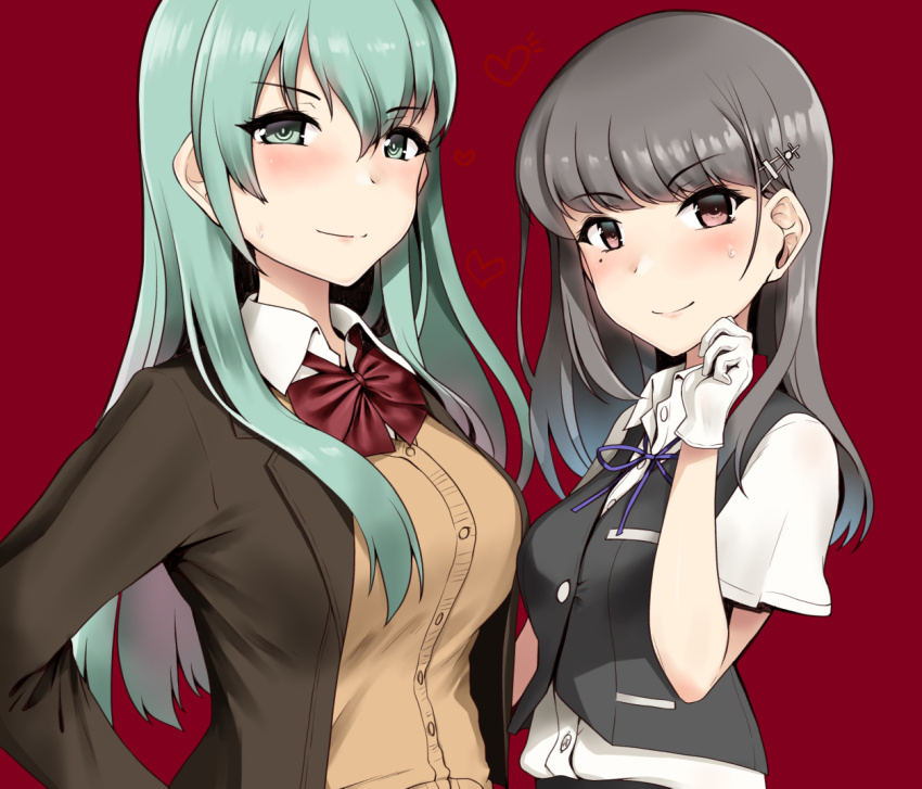 2girls, aqua_eyes, aqua_hair, black_hair, black_skirt, black_vest, blazer, blue_ribbon