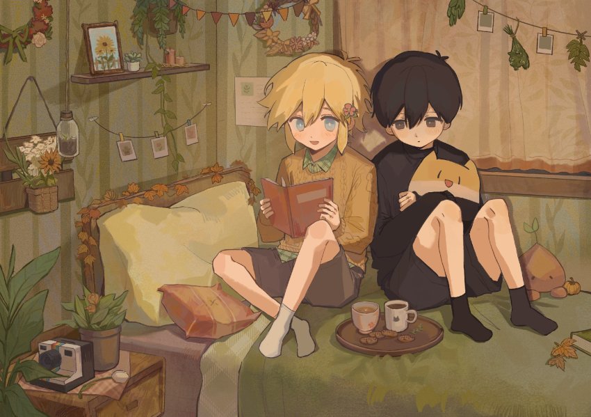 2boys, basil_(faraway)_(omori), basil_(omori), bed, black_eyes, black_hair, black_socks, blackwh01396023, blonde_hair, blue_eyes, book, camera, cookie, flower, food, hair_flower, hair_ornament, highres, holding, holding_book, indoors, looking_at_another, looking_away, male_focus, multiple_boys, omori, on_bed, open_book, open_mouth, photo_(object), plant, potted_plant, short_hair, sitting, smile, socks, sprout_mole, stuffed_toy, sunny_(omori), tray, white_socks