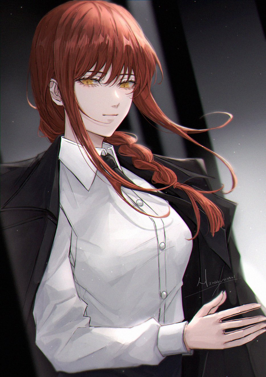 1girl, artist_name, black_jacket, black_necktie, braid, breasts, chainsaw_man, closed_mouth