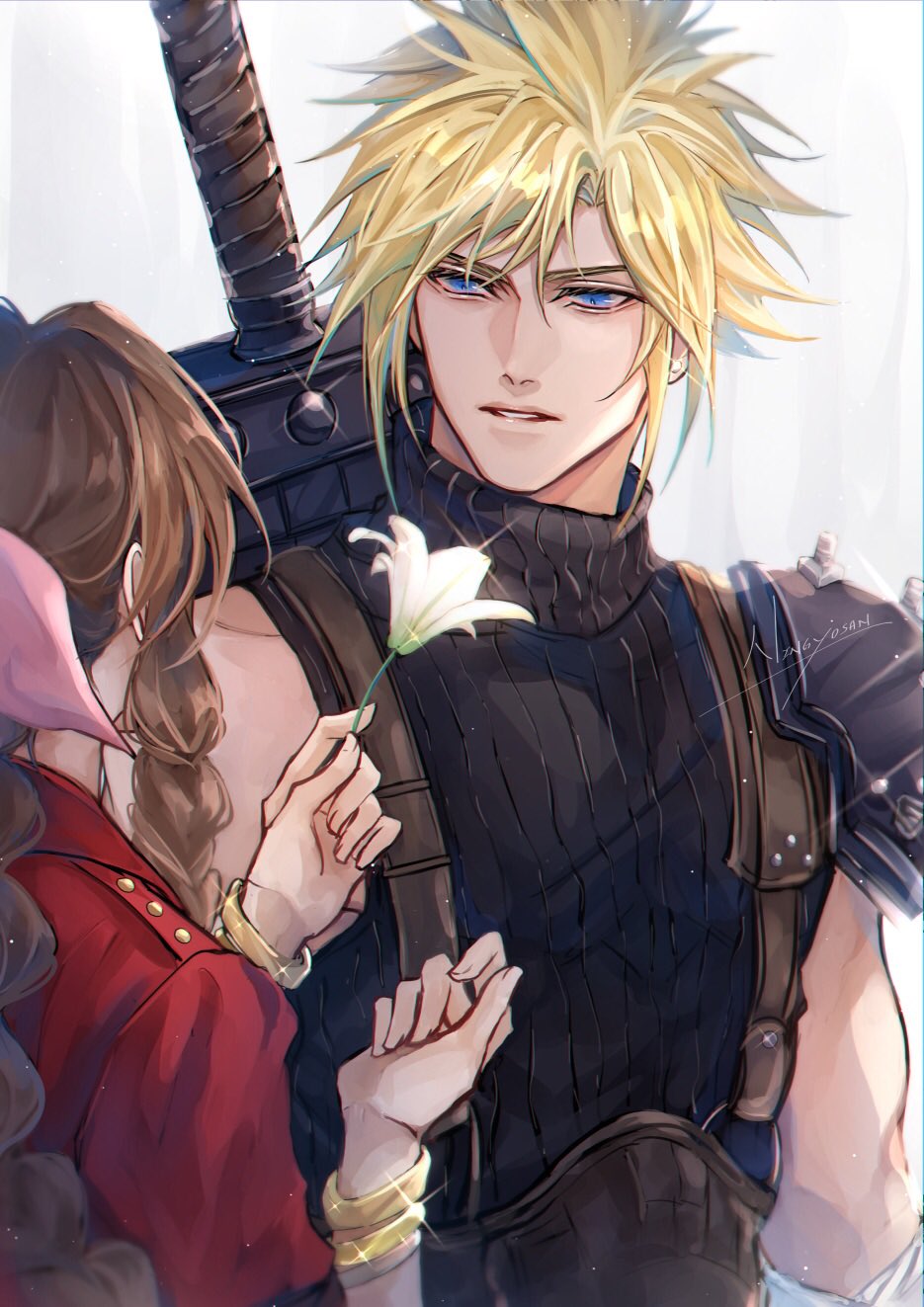 1boy, 1girl, aerith_gainsborough, armor, artist_name, bandaged_arm, bandages, bangle, belt, blonde_hair, blue_eyes, blue_shirt, bracelet, braid, braided_ponytail, brown_belt, brown_hair, buster_sword, cloud_strife, final_fantasy, final_fantasy_vii, final_fantasy_vii_remake, flower, hair_between_eyes, hair_ribbon, highres, holding, holding_flower, jacket, jewelry, lily_(flower), long_hair, looking_at_another, loveless_avenue, ningyo, parted_lips, pink_ribbon, red_jacket, ribbon, shirt, short_hair, shoulder_armor, sidelocks, single_bare_shoulder, sleeveless, sleeveless_turtleneck, spiked_hair, square_enix, suspenders, toned, toned_male, turtleneck, upper_body, weapon, weapon_on_back