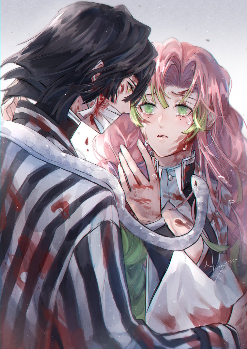 1boy, 1girl, artist_name, bandage_on_face, bandages, black_hair, black_jacket, blood