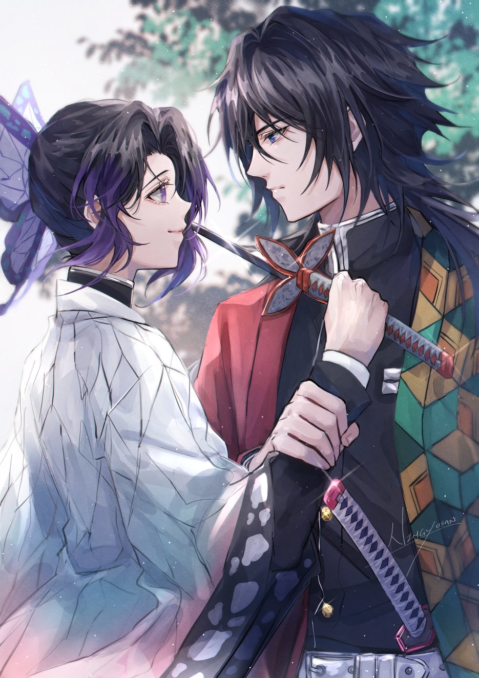 1boy, 1girl, animal_print, belt, black_hair, black_jacket, blue_eyes, butterfly_hair_ornament, butterfly_print, demon_slayer_uniform, gradient_hair, hair_ornament, haori, high_collar, highres, holding, holding_another's_wrist, holding_weapon, jacket, japanese_clothes, katana, kimetsu_no_yaiba, kochou_shinobu, long_sleeves, looking_at_another, medium_hair, multicolored_hair, ningyo, outdoors, parted_bangs, profile, purple_eyes, purple_hair, shirt, sidelocks, smile, sword, tomioka_giyuu, upper_body, weapon, white_belt, white_shirt