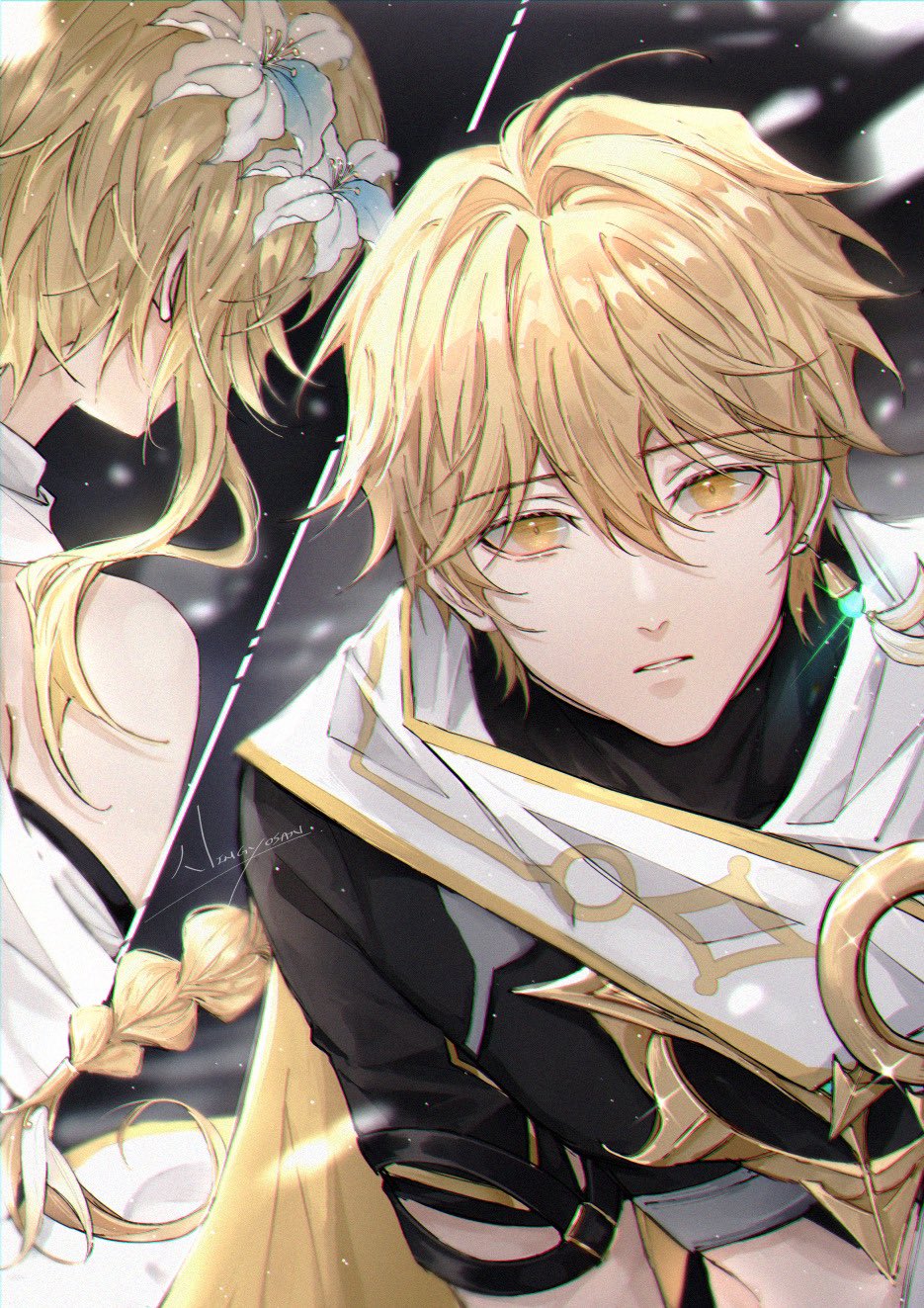 1boy, 1girl, aether_(genshin_impact), bare_shoulders, black_shirt, blonde_hair, braid, brother_and_sister