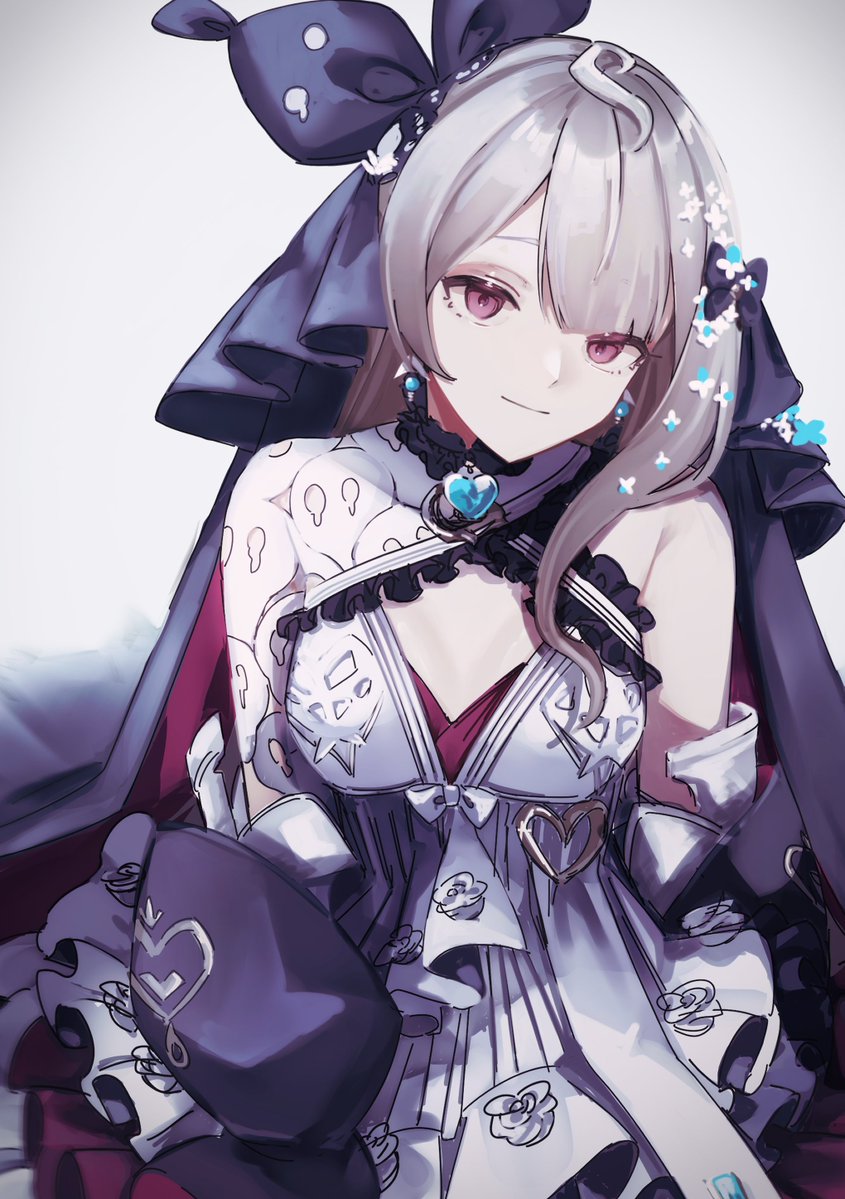 1girl, ahoge, black_hairband, breasts, choker, detached_sleeves, dress, earrings