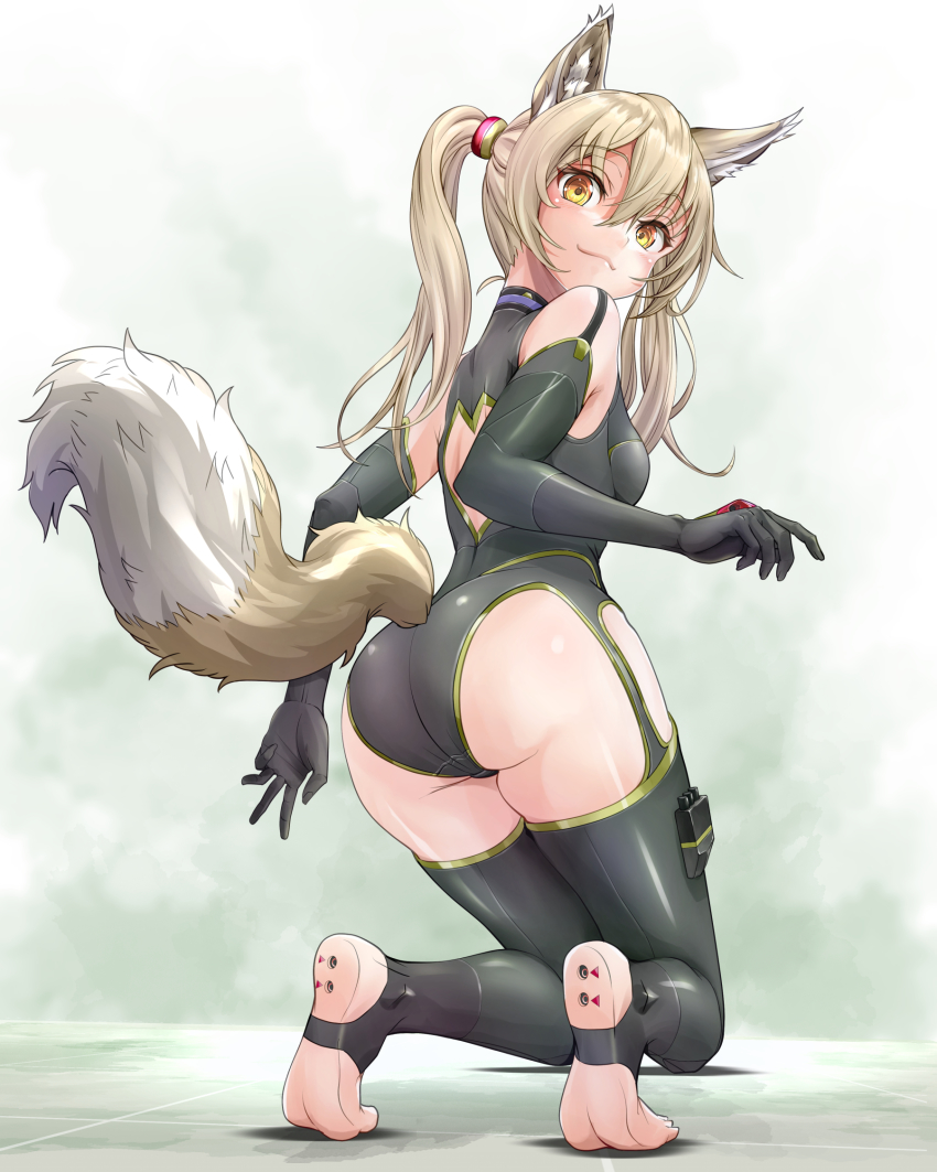 1girl, :3, animal_ears, ass, back_cutout, black_gloves, black_leotard, black_thighhighs