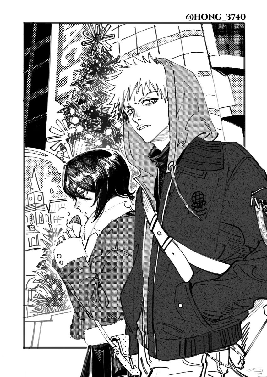 1boy, 1girl, bag, black_hair, bleach, casual, christmas_tree, coat, cowboy_shot, food, greyscale, hair_between_eyes, hands_in_pockets, highres, holding, holding_food, hong_3740, hood, hood_up, kuchiki_rukia, kurosaki_ichigo, looking_at_viewer, monochrome, open_mouth, outdoors, parted_lips, short_hair, shoulder_bag, spiked_hair, turtleneck, twitter_username, walking, winter